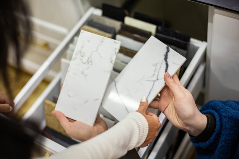 Interior design showroom with material samples and design consultation area