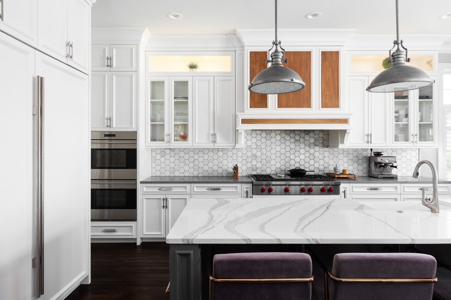 Luxury kitchen interior design with marble island and elegant finishes