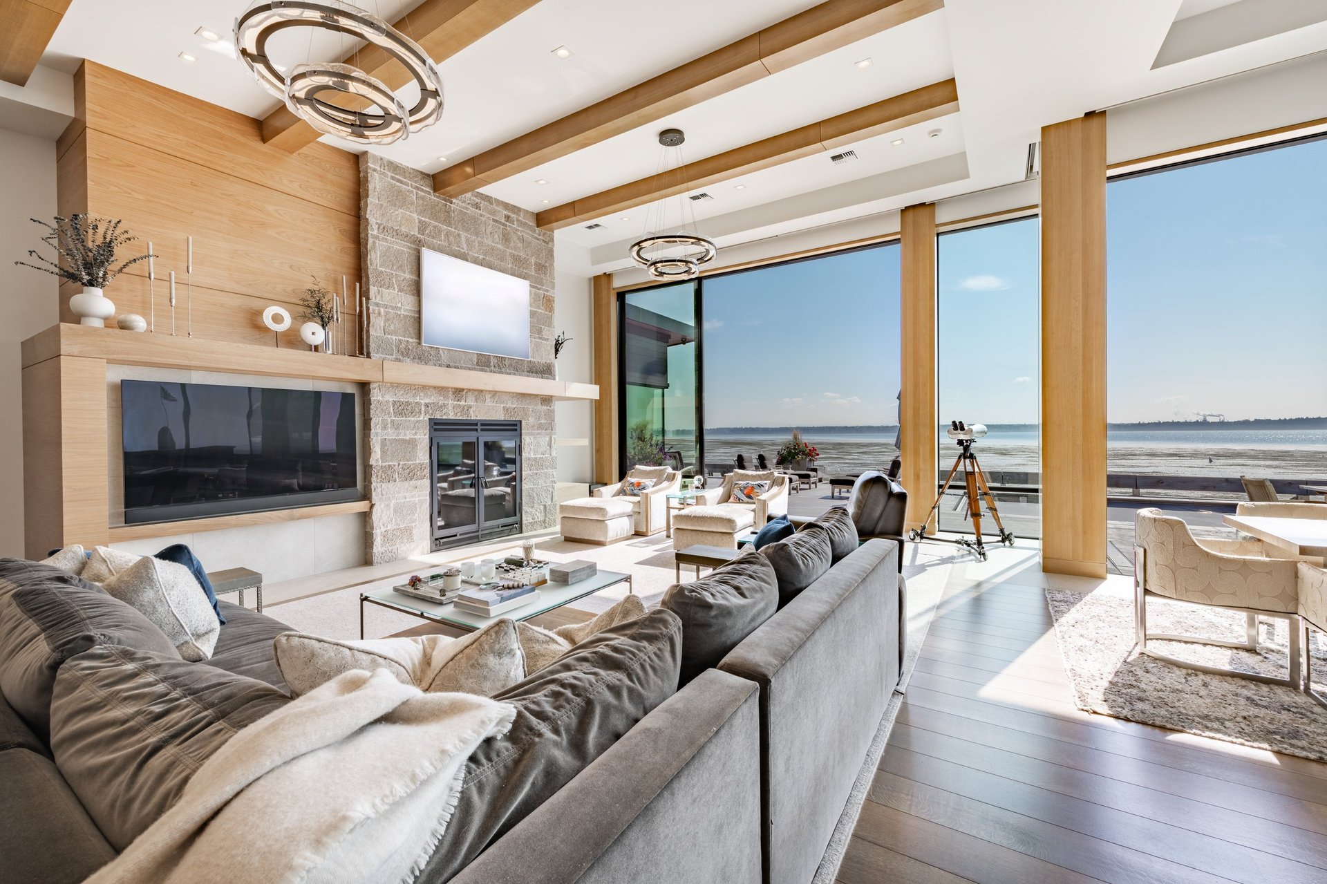 Luxury coastal interior design with panoramic ocean views, elegant living space