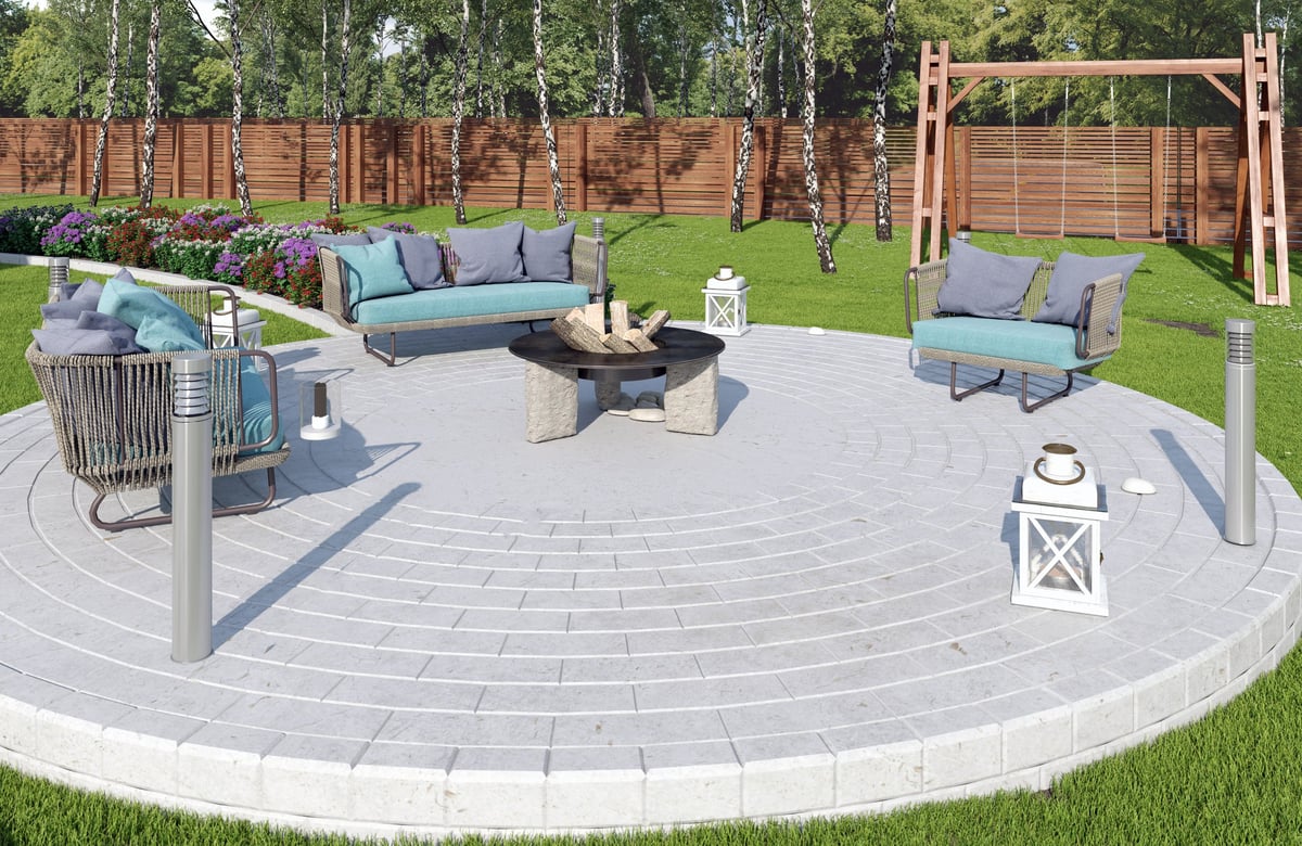 A 3D render of a landscaped backyard featuring a circular stone patio, teal outdoor furniture, a fire pit