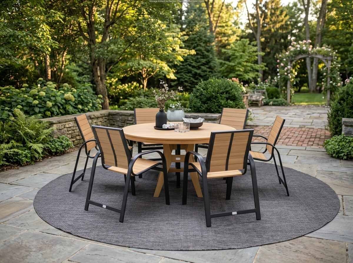 Outdoor dining set with round wood table and six chairs on dark rug in landscaped garden patio area