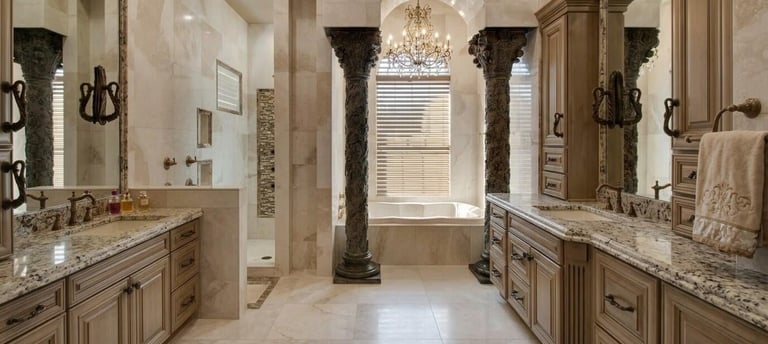 Luxurious master bathroom with dual vanities, marble countertops, decorative columns, chandelier, soaking tub, and sconces flanking mirrors