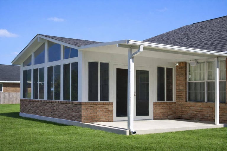 Modern residential home addition with brick and white trim featuring large windows and covered patio area on green lawn