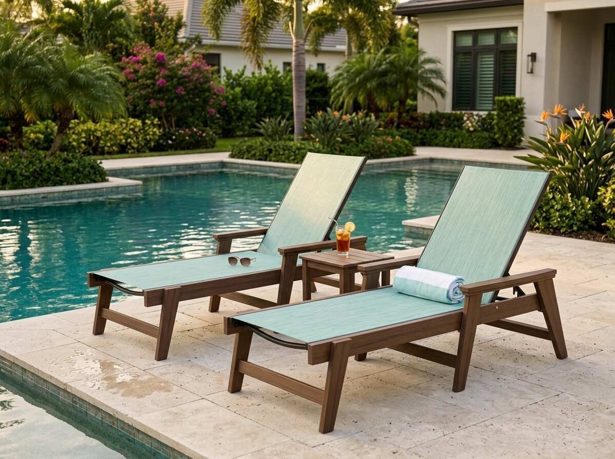 Two wooden lounge chairs with light blue cushions on a pool deck, with a small table and tropical home in background