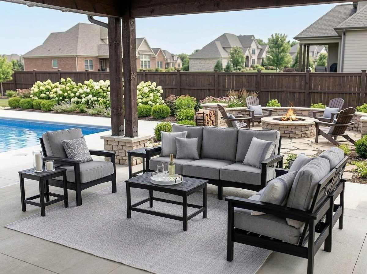 Modern outdoor patio with black furniture, gray cushions, and fire pit overlooking residential neighborhood and swimming pool