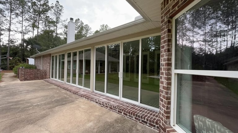 Modern brick house exterior with large glass sliding doors and windows overlooking green lawn and trees