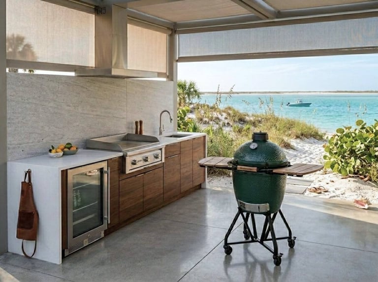 Outdoor kitchen with wooden cabinets and green grill overlooking turquoise beach and ocean