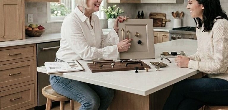A man and woman sit at a kitchen island discussing home renovation plans with architectural models and sketches between them.