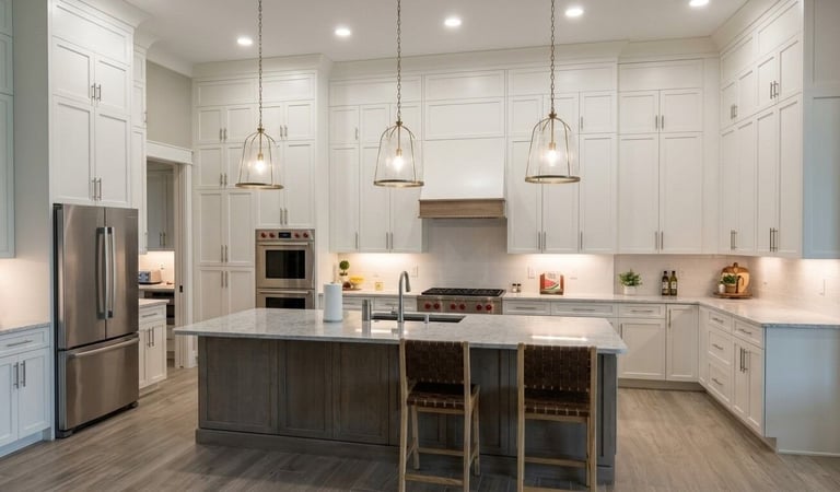 Modern white kitchen with large island, stainless steel appliances, pendant lights, and bar seating