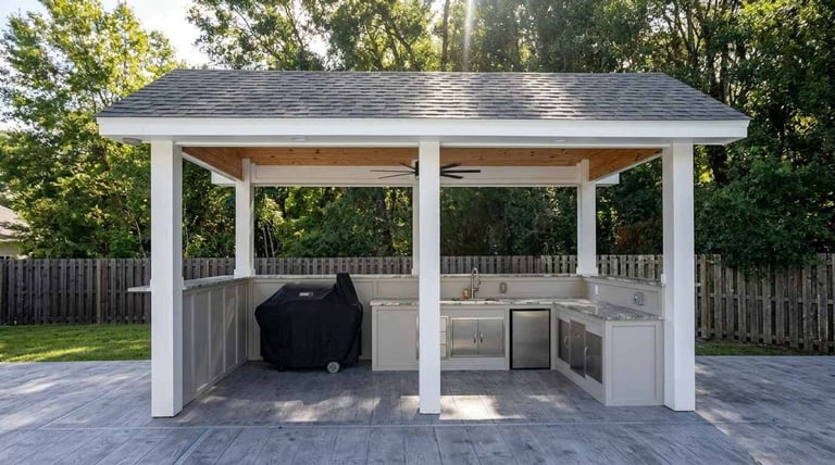 Modern outdoor pavilion with white columns, gray roof, built-in grill and seating area on brick patio surrounded by trees