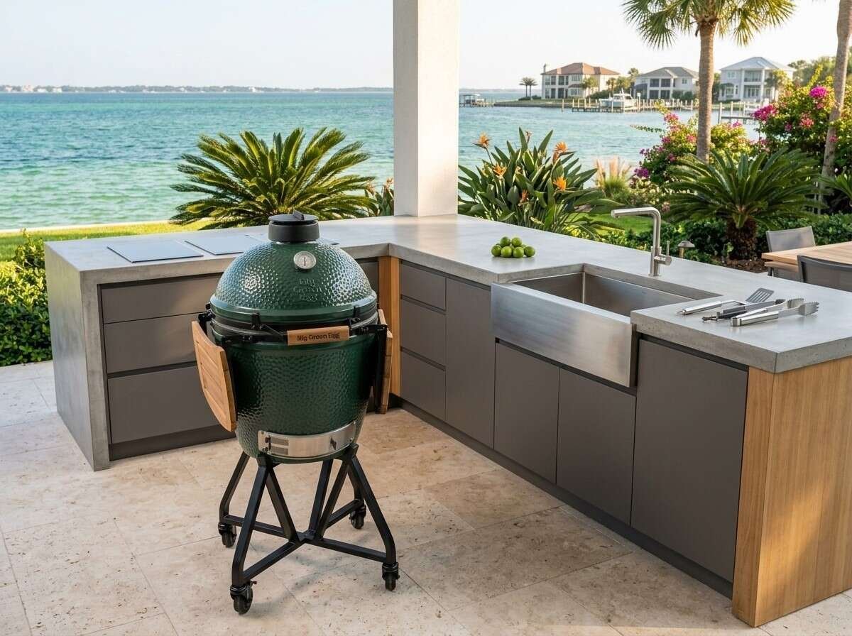 Outdoor kitchen with green egg grill overlooking waterfront, palm trees, and bay homes in background