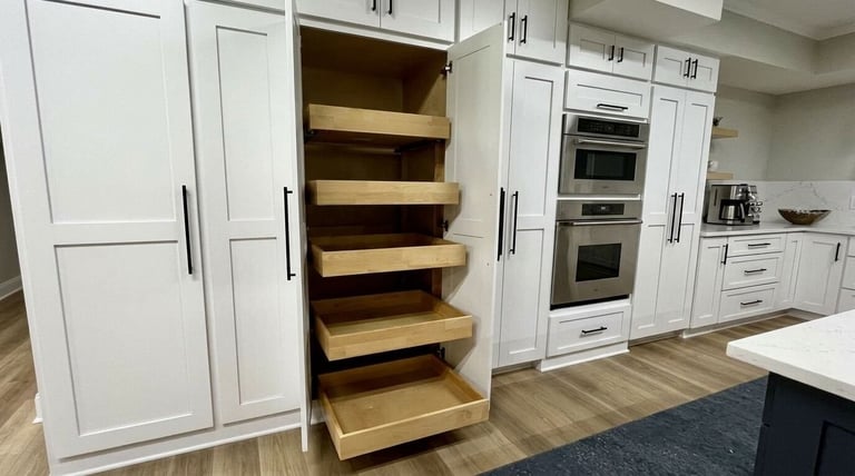 Modern kitchen with white cabinetry, wooden pull-out shelves, stainless steel dual ovens, and white island with dark base