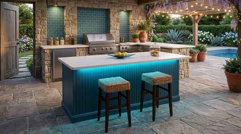Modern outdoor kitchen with turquoise island, built-in grill, stone walls, and backyard pool overlooking patio area