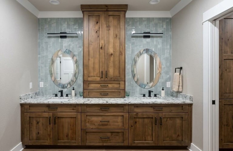 Master bathroom with dual wood vanities, oval mirrors, blue tile backsplash, and marble countertops