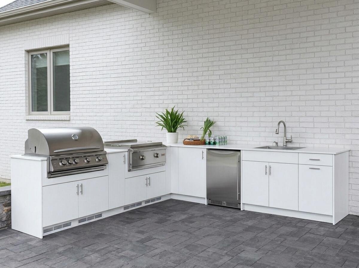 Outdoor kitchen with white cabinetry, built-in grill, sink, and dishwasher on a paved patio against a brick house