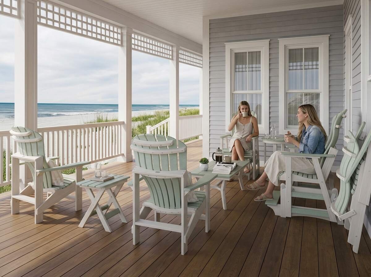 Two women sitting on a beach house porch with white Adirondack chairs, overlooking the ocean and sandy dunes