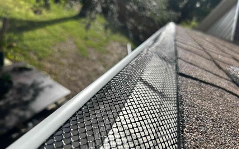 Close-up of gutter guard mesh screening attached to home roof gutter edge with landscaping below